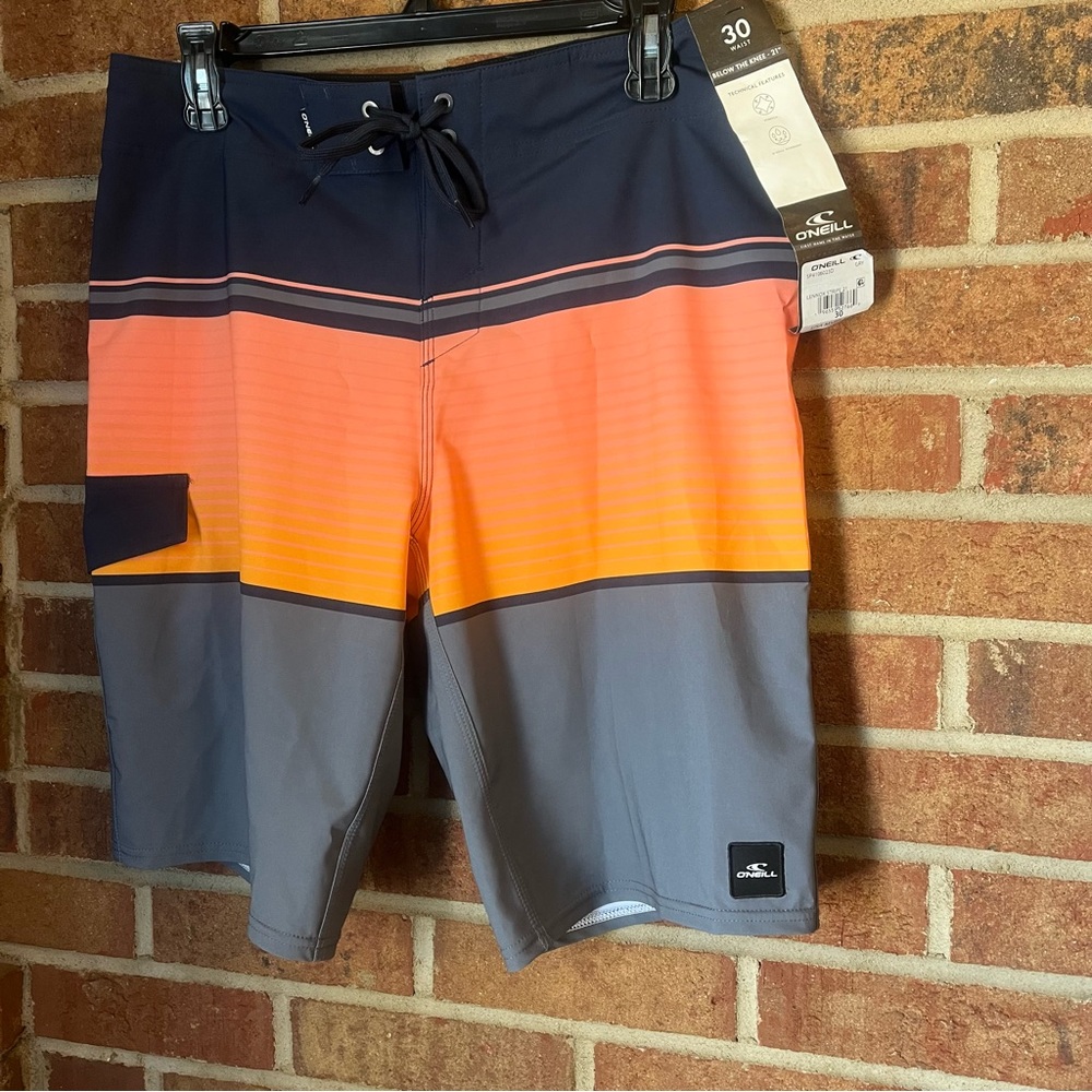 O'Neill Men 30 Lennox Stripe Board Shorts NWT Orange Gray Swim Beach 21"